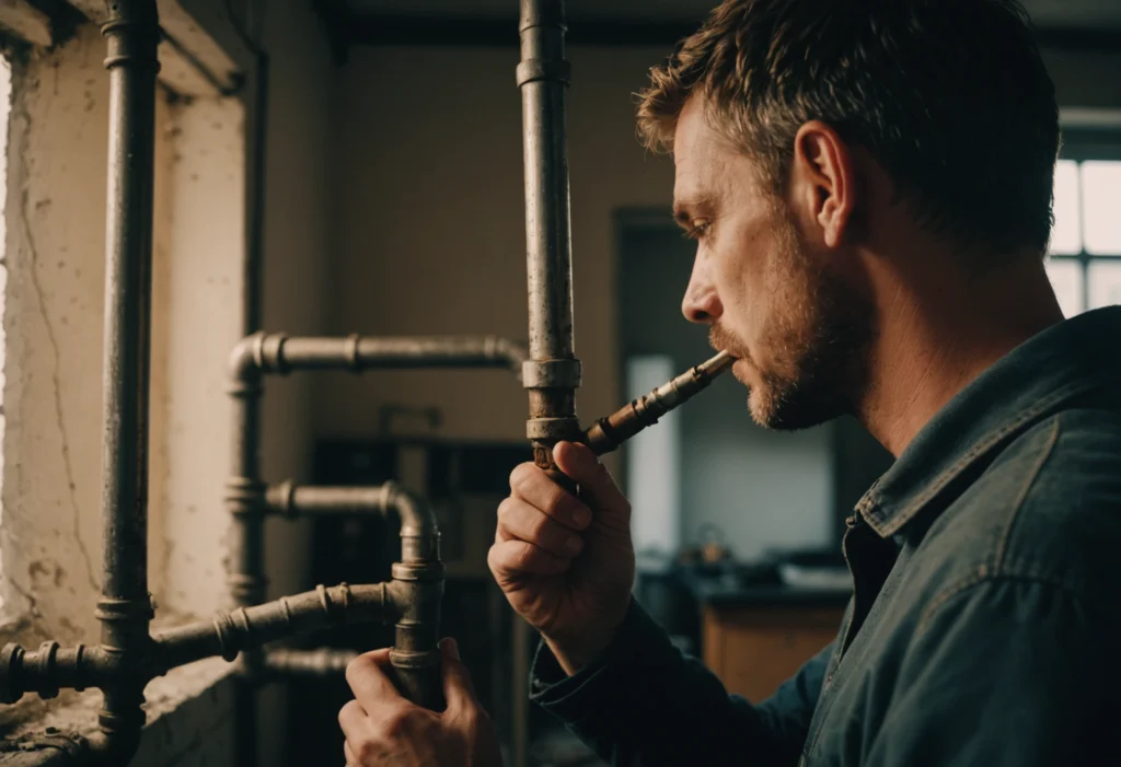 Мужчина смотрит на текущую трубу