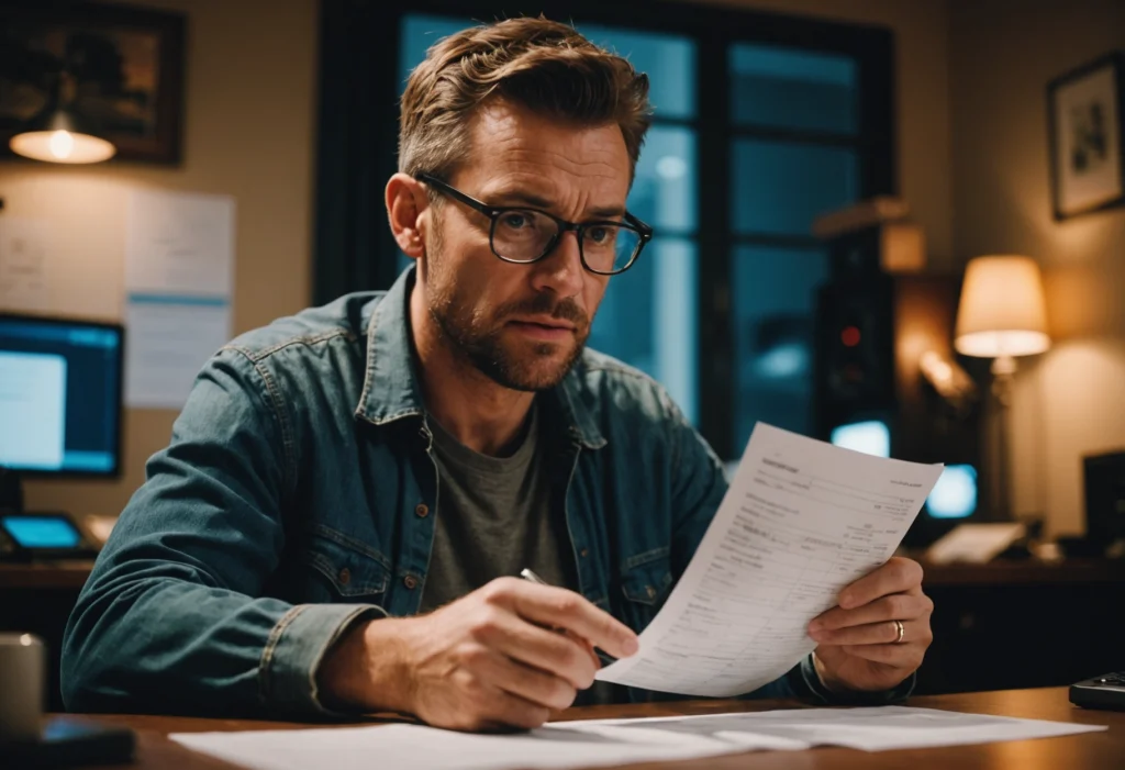 Мужчина смотрит на квитанции