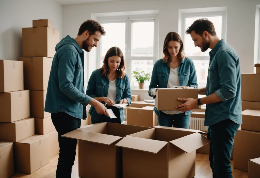 Семья распаковывает коробки