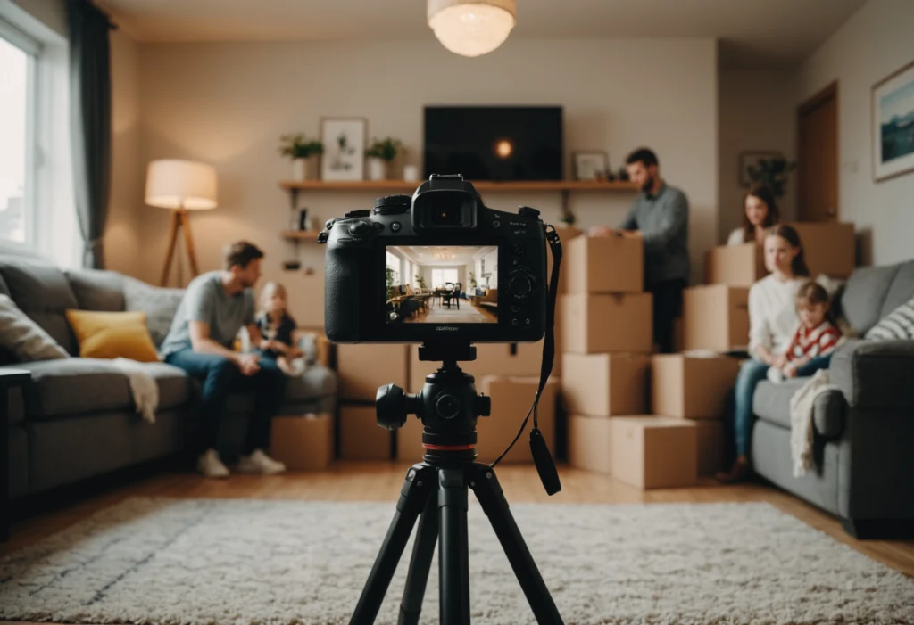 Семья на фоне многоквартирного дома