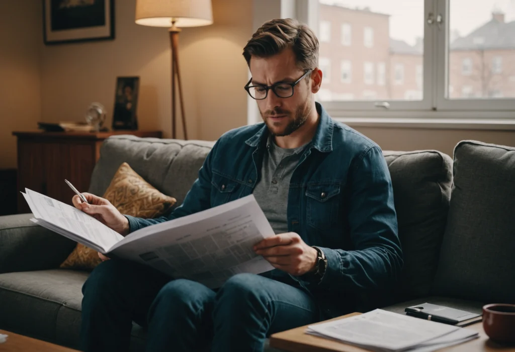 Мужчина читает документы, сидя на диване