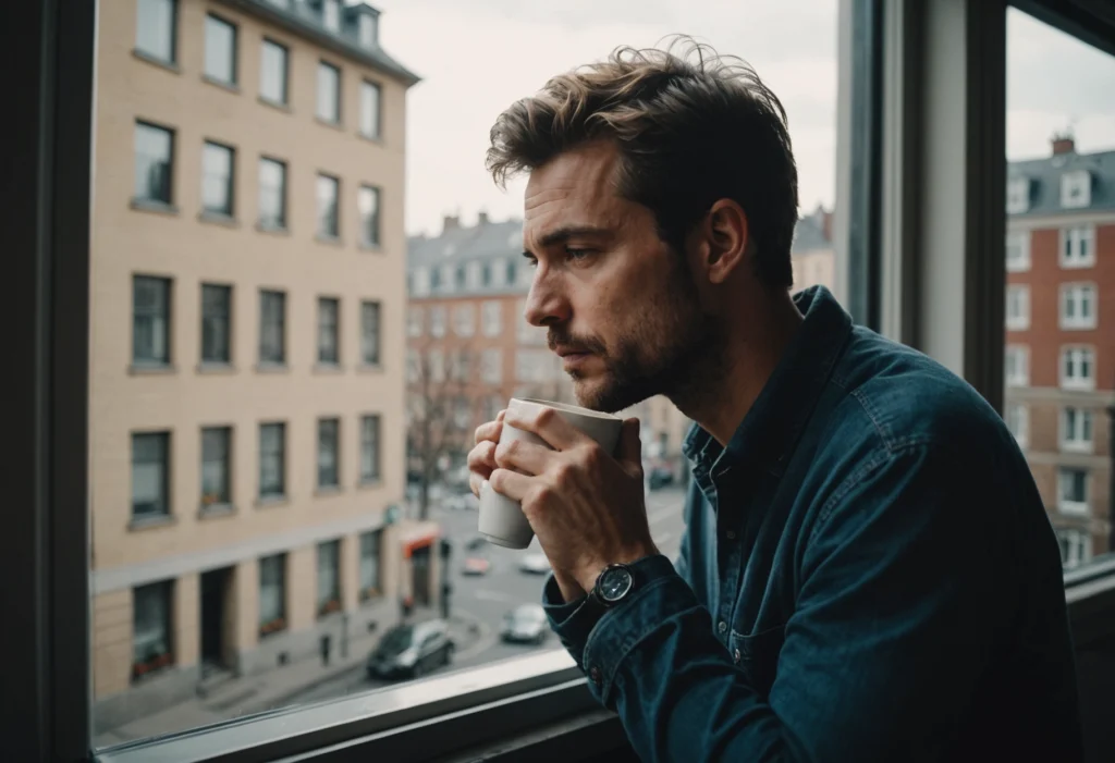 Мужчина пьет кофе, глядя в окно