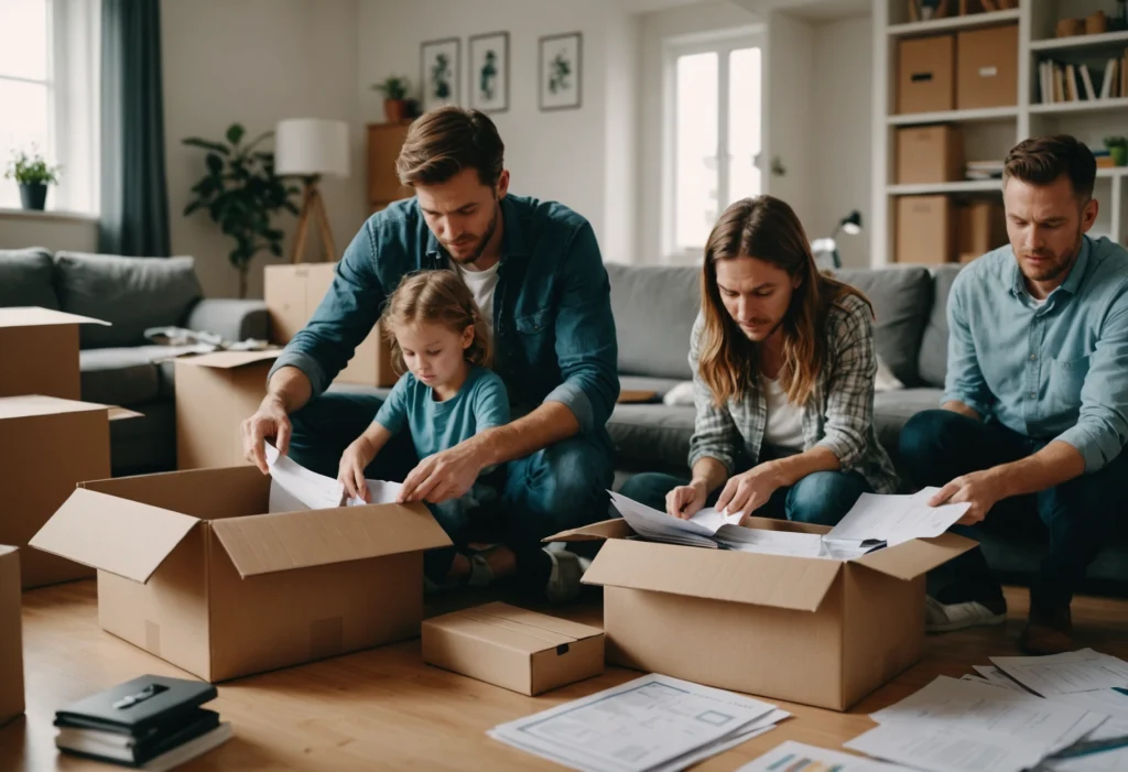 Семья распаковывает коробки