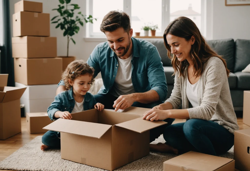 Семья распаковывает коробки